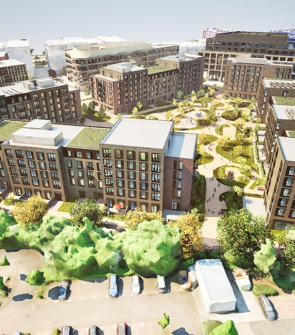 Aerial view of mixed-use development around Cambridge North station.
