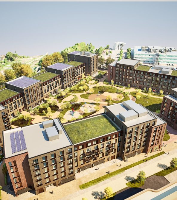 Aerial view of mixed-use development around Cambridge North station.