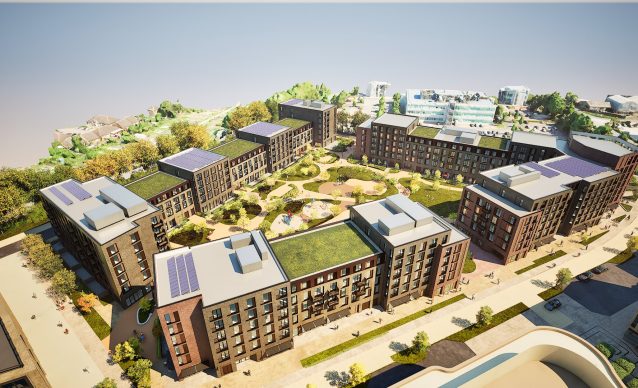 Aerial view of mixed-use development around Cambridge North station.
