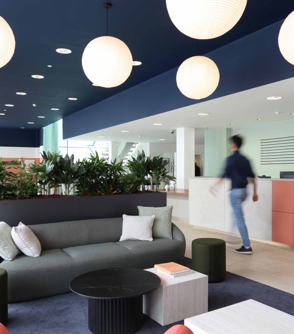 Reception area of Southern House in Croydon, London. The building has been renovated to create a modern and welcoming space for tenants and visitors.
