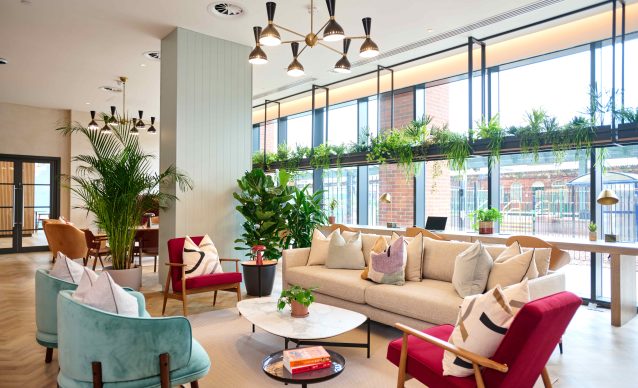 The communal lounge and co-working space at The Barnum, a build-to-rent residential development in Nottingham, UK.